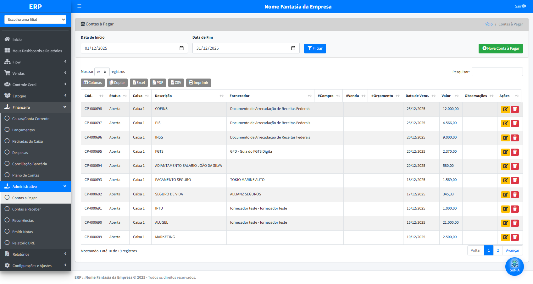Módulo financeiro do ERP