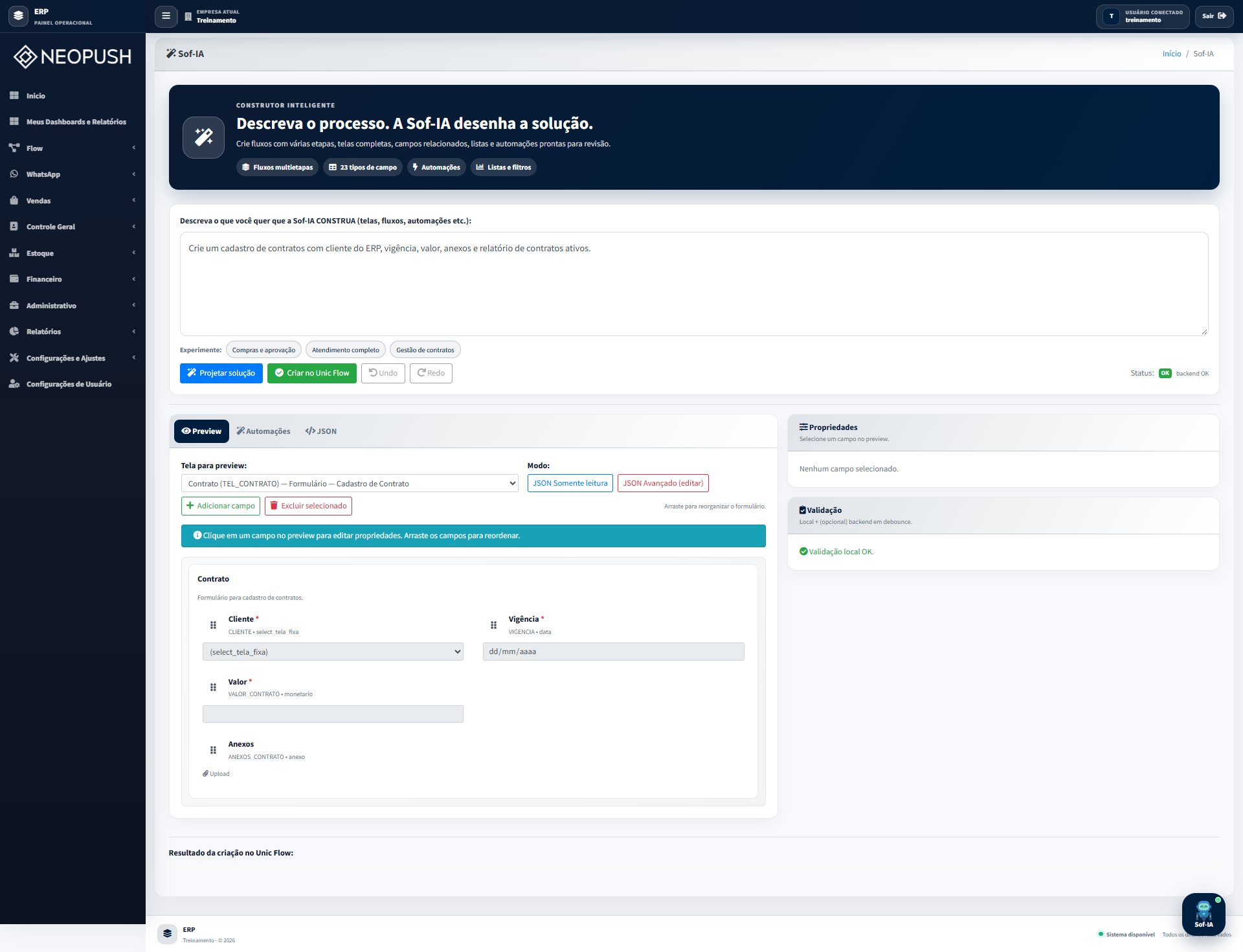 Sof-IA Builder criando telas